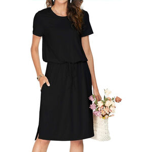 Simier Fariry 2024 Womens Hide Belly Work Casual Midi Blouson Dress with Pockets